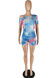 Bright Blue Casual Polyester Tie Dye Short Sleeve Tee Top Shorts Sets MN8304