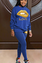 Blue Casual Polyester Mouth Graphic Long Sleeve Round Neck Tee Top Long Pants Sets LD8776