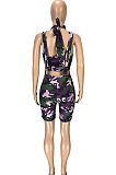 Casual Polyester Camo Sleeveless Self Belted Backless Tank Top Shorts Sets SM9100