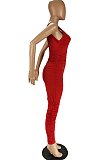 Red Casual Cotton Sleeveless V Neck Backless Ruffle Tank Jumpsuit MN8305