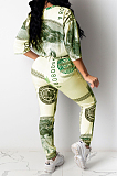 Casual Polyester Dollar Graphic Half Sleeve Round Neck Tee Top Long Pants Sets SY8600