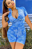 Black Casual Polyester Tie Dye Short Sleeve Pleated Bodycon Jumpsuit MN8208
