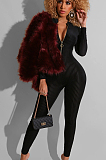 Wine Red Sexy Polyester Long Sleeve Bodycon Jumpsuit RB3048