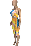 Yellow Casual Polyester Tie Dye Sleeveless Self Belted Backless Bandeau Bra Shorts Sets SM9090