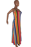 Red Casual Polyester Striped Sleeveless Spaghetti Strap  Open Back Slip Dress CYY8569