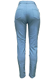 Light Blue Casual Polyester Ripped High Waist Long Pants BBN097