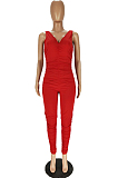 Red Casual Cotton Sleeveless V Neck Backless Ruffle Tank Jumpsuit MN8305