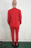 Red Casual Polyester Long Sleeve Round Neck Tee Top Long Pants Sets LD8631