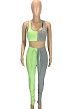 Blue Casual Polyester Sleeveless Round Neck Spliced Ruffle Tank Top Long Pants Sets SM9093