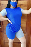 Blue Casual Cotton Short Sleeve Round Neck Spliced Tee Top Shorts Sets MN8301