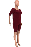 Wine Red Casual Polyester Short Sleeve Halterneck Tee Top Shorts Sets CYY8570