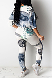 Casual Polyester Dollar Graphic Half Sleeve Round Neck Tee Top Long Pants Sets SY8600