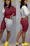 Orange Casual Polyester Long Sleeve Round Neck Spliced Tee Top Shorts Sets LD8635