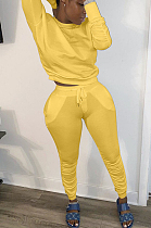 Yellow Casual Polyester Long Sleeve Ruffle Utility Blouse Long Pants Sets LD8737