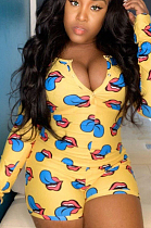 Yellow Sexy Polyester Mouth Graphic Long Sleeve Buttoned All Over Print Bodycon Jumpsuit LD878