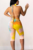 Yellow Casual Polyester Tie Dye Sleeveless Self Belted Backless Bandeau Bra Shorts Sets SM9090