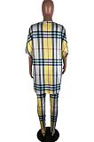 Yellow Casual Polyester Plaid Short Sleeve Utility Blouse Long Pants Sets RB3096