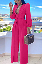 Rose Red Sexy Polyester Half Sleeve Buttoned Waist Tie Ruffle Overall Jumpsuit OMY8074