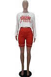 Black Casual Polyester Letter Long Sleeve Round Neck Tee Top Shorts Sets SDD9286