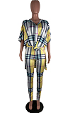 Yellow Casual Polyester Plaid Short Sleeve Utility Blouse Long Pants Sets RB3096