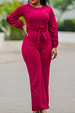 Modest Polyester Pure Color Long Sleeve Round Neck Button Front Waist Tie Culottes Jumpsuit T3397H