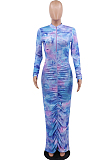 Blue Casual Polyester Tie Dye Long Sleeve Ruffle Mid Waist Long Dress CCY8644