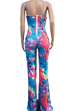 Casual Polyester Tie Dye Sleeveless Halterneck Self Belted Zip Back Cami Jumpsuit T3353H