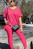 Pink Casual Polyester Short Sleeve Round Neck Split Hem Tee Top Long Pants Sets ML7359