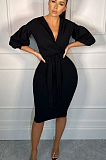 Black Sexy Polyester Long Sleeve V Neck Off Shoulder Mid Waist Long Dress HM5355