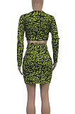 Sexy Polyester Leopard Long Sleeve Round Neck Longline Top A Line Skirt Sets T3316H