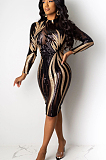 Black Sexy Polyester Long Sleeve Round Neck Spliced Long Dress CCY8201