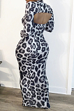 Grey Sexy Polyester Leopard Long Sleeve Round Neck Hollow Out Mid Waist Long Dress HM5358