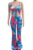 Casual Polyester Tie Dye Sleeveless Halterneck Self Belted Zip Back Cami Jumpsuit T3353H
