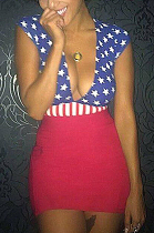Sexy Acetate Striped Star Sleeveless Deep V Neck Mid Waist Mini Dress ORY5010