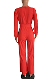Modest Polyester Pure Color Long Sleeve Round Neck Button Front Waist Tie Culottes Jumpsuit T3397H