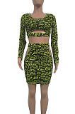 Sexy Polyester Leopard Long Sleeve Round Neck Longline Top A Line Skirt Sets T3316H