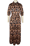 Casual Polyester Leopard Half Sleeve Lapel Neck Waist Tie Mid Waist Long Dress QQM4048