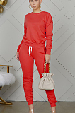 Yellow Casual Polyester Long Sleeve Round Neck Ruffle Tee Top Long Pants Sets YYF8121