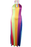 Multi Sexy Polyester Tie Dye Sleeveless Self Belted Mid Waist Long Dress QQM4049