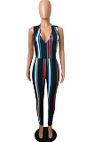 Blue Sexy Polyester Striped Sleeveless Backless Tank Jumpsuit HM5124