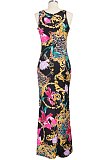 Casual Polyester Sleeveless Round Neck Flounce All Over Print Long Dress SMR9671