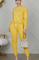Yellow Casual Polyester Long Sleeve Round Neck Ruffle Tee Top Long Pants Sets YYF8121