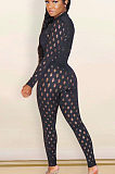 Black Sexy Polyester Long Sleeve Hollow Out Bodycon Jumpsuit SN3857