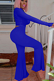 Royal Blue Casual Polyester Long Sleeve Utility Blouse Flare Leg Pants Sets QQM4093