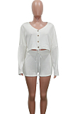 White Casual Polyester Long Sleeve Buttoned Knotted Strap Utility Blouse Shorts Sets SN3861
