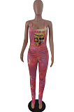 Rose Red Sexy Polyester Cartoon Graphic Sleeveless Spaghetti Strap  Open Back Cami Jumpsuit HM5310
