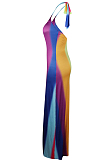 Multi Sexy Polyester Tie Dye Sleeveless Self Belted Mid Waist Long Dress QQM4049