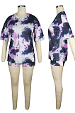 Green Casual Polyester Tie Dye Short Sleeve Tee Top Shorts Sets QQM4080