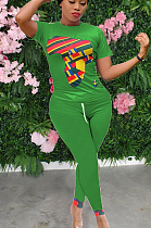Fluorescent Green Casual Polyester Short Sleeve Round Neck Tee Top Long Pants Sets YYF8123