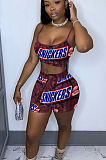 Brown Sexy Polyester Letter Sleeveless Spaghetti Strap  Open Back Tank Top Shorts Sets QQM4092